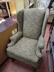 lot 1030 image: Paisley Fabric Wingback Accent Chair with Cabriole Legs and Stretcher