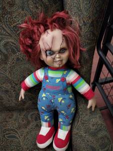 lot 1031 image: Chucky Plush Doll with Vinyl Head, Red Hair and Striped Shirt, Sideshow Toys