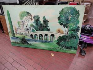 lot 1055 image: M.E. Norton Signed Landscape Painting Stone Arch Bridge Large Unframed Canvas