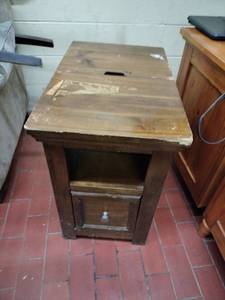 lot 1068 image: Wood Chairside End Table w Hinged Top Storage, Open Shelf and Drawer