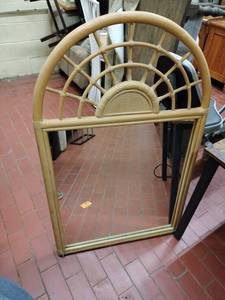 lot 1069 image: Arched Rattan Wall Mirror with Sunburst Top Design and Cane Panel