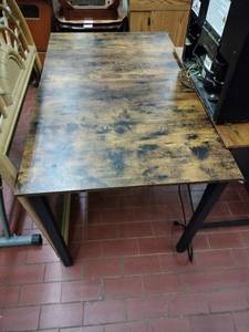 lot 1070 image: Rustic Brown Wood-Look Rectangular Table w Black Metal Legs and 2 Benches