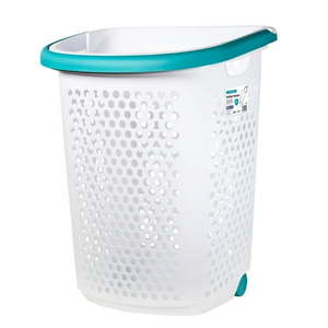 lot 1077 image: Set of 2 Plastic Perforated Laundry Baskets w Side Handles, White and Teal