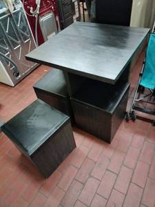lot 1081 image: Dark Brown Wood-Grain Square Table with 4 Black Vinyl-Top Storage Cube Stools