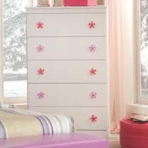 lot 1002 image: 5-Drawer Chest in White w Pink and Purple Flower Knobs