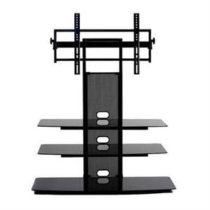 lot 1013 image: 3-Tier Black Glass TV Stand w Jordan Jumpman Logo Wood Panel & Mount Bracket