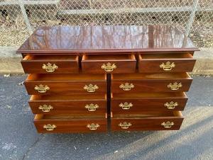 lot 1033 image: Dark Cherry Finish 8-Drawer Triple Dresser w Brass Chippendale Pulls