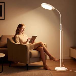 lot 1928 image: Morfone LED Floor Lamp White Gooseneck 11000 Lux Round Head Touch Controls  Retail $100.99