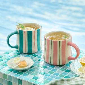 lot 1936 image: DELIGHTS GALORE Striped Ceramic Coffee Mugs Set of 2, Pink and Green Stackable Stoneware Mugs for Morning Coffee, Tea & Cocoa, 12oz Dishwasher & Microwave Safe Mug Gift Set for Home & Office