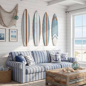 lot 1947 image: Pinkunn 4 Pcs 31 x 8 Surfboard Wooden Wall Decor, Stripe, Blue
