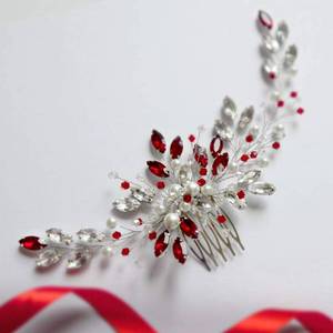 lot 2165 image: Aimimier Bridal Red Crystal Hair Comb Ruby Hair Vine with Comb Pearl Hair Piece Prom Party Festival Wedding Hair Accessories for Women and Girls
