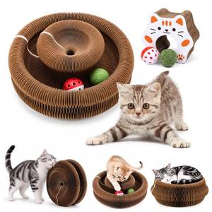 lot 2184 image: DAWNIGO Upgraded Extra Large Foldable Cat Scratcher, Reversible Accordion Cat Toy with Bell Ball & Catnip Ball, Durable Cardboard Scratching Board for Indoor Cats & Furniture Protector
