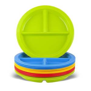 lot 2212 image: Plaskidy 3 - Compartment Divided Plates for Kids - Set of 12 Plastic Children Trays for Eating with Dividers - 4 Bright Colors (3 of Each Color) Dishwasher Microwave Safe BPA Free for Toddler and Kids