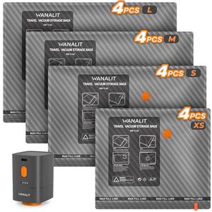 lot 5270 image: Wanalit Travel Vacuum Storage Bags 16-Piece Set XS S M L w Mini Pump