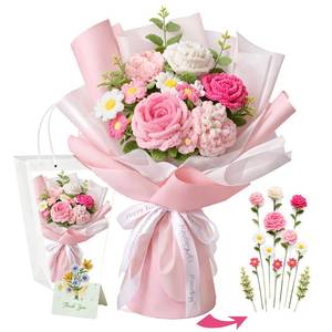 lot 5277 image: JinDouer Crochet Flower Bouquet w Pink Wrapping, Ribbon & Thank You Card
