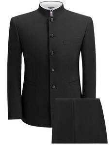 lot 5285 image: 2 Piece Mens Chinese Suit Chinese Stand Collar Slim Fit Suits Front Button Blazer Pant Set,Black-M