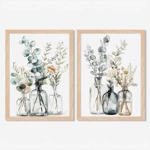 lot 5294 image: Framed Boho Eucalyptus Wall Art 2Pcs,Sage Green Plant and Flower in Glass Vase Canvas Prints, Minimalist Botanical Painting Picture, Nature Poster Artwork for Living Room,Bathroom, Kitchen Wall Decor 8X10IN