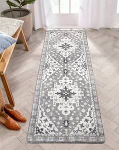 lot 5305 image: Uphome Boho Vintage Bathroom Runner Rug Gray Non-Slip Soft Bedroom Rug Machine Washable Oriental Kitchen Rug Traditional Tribal Floral Floor Mats for Hallway Kids Room Entryway, 24x71 inch