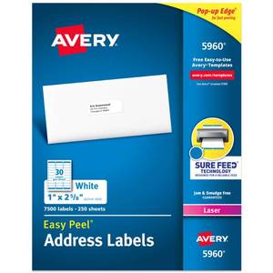 lot 5307 image: Avery Easy Peel Printable Address Labels with Sure Feed, 1 x 2-58 Customizable Stickers, White, 7,500 Blank Mailing Labels, Great for Mailing, Shipping, and More (5960)