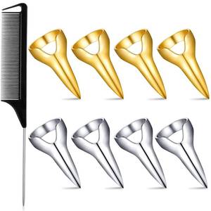 lot 6308 image: Zopeal 8-Piece Hair Finger Ring Set Gold & Silver w Rat Tail Comb