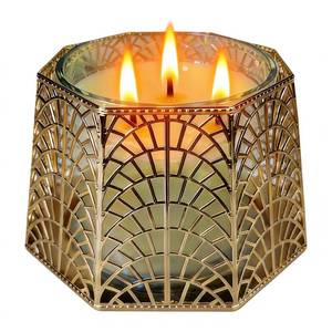 lot 6386 image: Dorephine 3 Wick Candle Holder, Golden Shell Design Candle Jar Holder for 4-Inch Diameter Jars (5.25 D x 3.5 H) (Golden)