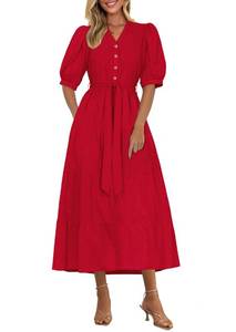 lot 6406 image: PRETTYGARDEN Summer Dresses for Women 2026 Elegant Classy Short Sleeve V Neck Ruffle A Line Belted Long Beach Vacation Dress (Red,Large)