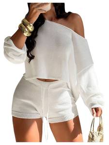 lot 6416 image: MakeMeChic Womens 2 Piece Sets Knit Beach Cover Up Tops Shorts White