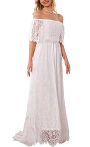 lot 6427 image: HOYISHION Off Shoulder White Lace Maxi Wedding Party Dress Boho Flowy Train