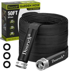 lot 7665 image: Doorich 50ft 34in Flat Garden Hose Black Fabric Jacket w Metal Fittings