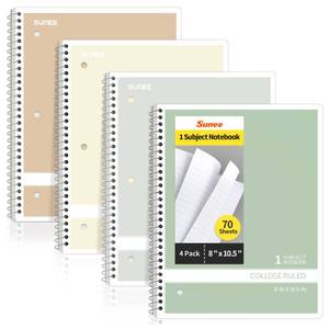 lot 8292 image: SUNEE Spiral Notebooks College Ruled, 1-Subject, 4 Pack, 8 x 10-12 inch, 70 Sheets per Notebook, 3-Hole Punched Paper, Green, Grey, Beige, Red for Work, Home & School, Writing Journal