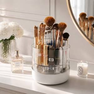 lot 13350 image: CTIME Rotating Makeup Brush and Cosmetic Organizer, Clear Tinted Tray, White
