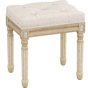 lot 13355 image: Yusong Upholstered Tufted Vanity Stool w Carved Wood Legs, Beige