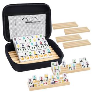 lot 13386 image: Mexican Train Dominoes Set with Numbers and 8 Wooden TraysRacks, Double 12 Dominos Travel Set with 8 Tiles Holders, 91 Tiles Double 12 Colored Dominoes Game Set with Portable Case for Families Kids