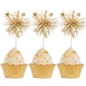 lot 14220 image: Gyufise Gold Tinsel Pom Pom Star Cupcake Toppers 5.91in Picks