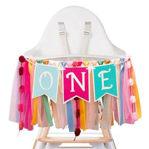 lot 14231 image: Raoformi ONE Birthday High Chair Banner Garland w Pom-Poms & Tulle 80in