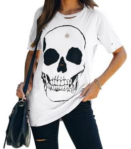 lot 14253 image: Veatzaer Summer Cotton Graphic Shirts Womens Short Sleeve Crewneck Tees Skull Distressed T Shirt Loose(A-White,S) NO TAG