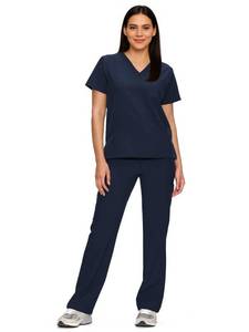 lot 14259 image: floralhue Scrubs for Women Set V-Neck Top Straight Leg Pants, Navy Blue, S