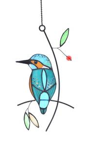 lot 20035 image: Lolitarcrafts Kingfisher Stained Glass Window Hangings Bluebird on Branch Suncatchers for Window Modern Birds Decor (Blue with Rhinestone) (Leaves Broken Off)