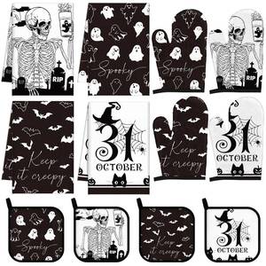 lot 20367 image: Pickmesh 12-Piece Halloween Kitchen Towels Pot Holders Oven Mitts Set