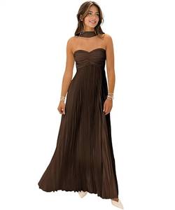lot 20460 image: GRMLRPT Womens Brown Strapless Pleated Maxi Dress with Neck Scarf