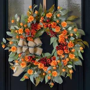 lot 9766 image: 24 Inch Harvest Fall Wreaths for Front Door Outside with Bow & Red Berries