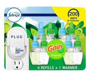 lot 9797 image: Febreze Plug-In Air Freshener, Odor-Fighting Scented Oil Starter Kit, Air Fresheners for Home, Bathroom and Kitchen, Long Lasting, Gain Original Scent, Warmer  4 Refill, Multicolor