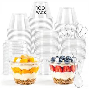 lot 9810 image: Dealantic 100 Pack 6oz Dessert Cups with Lids and Spoons, Small Plastic Yogurt Parfait Cups, Mini Round Party Serving Cup for Fruit, Pudding,Cake, Appetizer