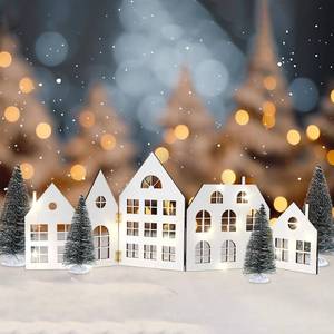 lot 9816 image: 5 Pcs Foldable Wooden Christmas Village House with LED Light String 4 Tree