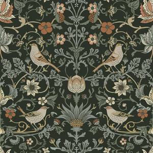 lot 10078 image: Livelynine Green William Morris Wallpaper Peel and Stick Vintage Botanical Birds Strawberry Thief Antique Black Victorian Wallpaper Prepasted 17.5x78.8 Removable Vintage Contact Paper for Kitchen