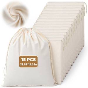 lot 12724 image: 15 Pack Cotton Drawstring Bags, Muslin Bags with Drawstring, 15.74 x 12.2