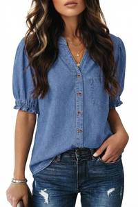 lot 12759 image: Dokotoo Denim Shirt Women Button Down Denim Tops Short Sleeve V Neck Blouse for Women Dressy Casual Spring Summer Fashion Tunic Tops Work Chambray Shirts Sky Blue Shirts for Women Medium