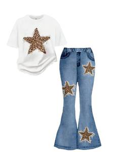 lot 12766 image: Zylvae Tween Girls 2-Piece Outfit Short Sleeve Graphic T-Shirt & Flared Denim-Like Pants Set for 8-12 Year Olds size 10 11