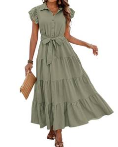 lot 12769 image: dowerme Women Ruffle Sleeve Button Belted Boho Maxi Dress,Grey Green,XXL