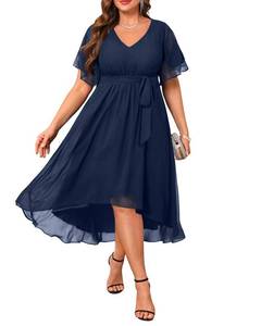 lot 12779 image: Plus Size Dresses Wedding Guest Navy Blue Chiffon Sleeve High Low Dress 22W